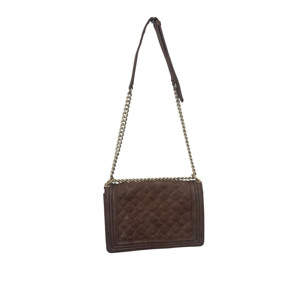 Bebe Crossbody Bag Womens Brown Quilted Metallic Faux Leather Gold Chain Strap